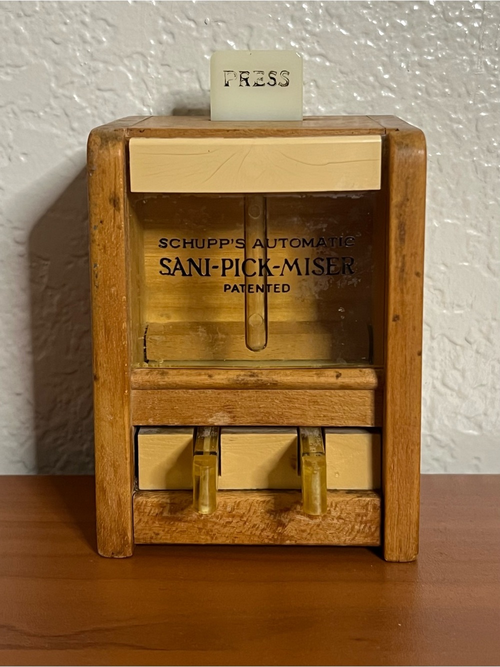 Vintage Schupp's Automatic Sani Pick Miser Wooden Dispenser